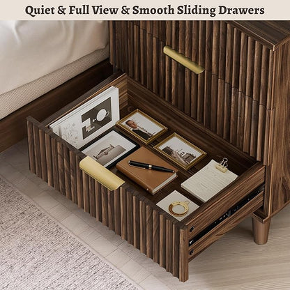 Fluted Nightstand with USB Charging Station, 3-Drawer Dresser Bedside Table with Soft Close Drawers & Large Storage, Modern Wood End Table for Bedroom