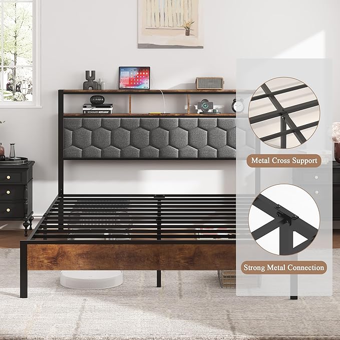 Queen Size Bed Frame with Storage Headboard & Charging Station, Platform Bedframe with LED Lights, Upholstered Headboard, Metal Slat Support, No Box Spring Needed