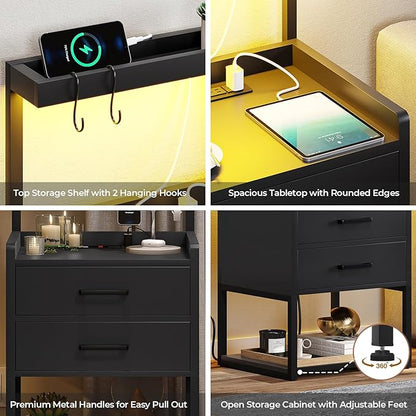 VIAGDO Nightstand with Charging Station and LED Lights, Black Bedside Night Stands with 2 Drawers and Open Storage Shelves, Modern End Side Tables for Bedroom,Office
