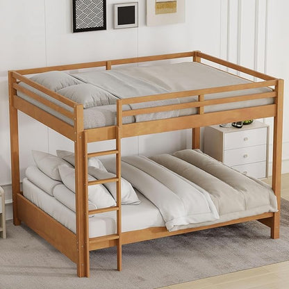 Bellemave Queen Over Queen Size Bunk Bed for Kids/Adults,Solid Wood Bunk Bed Frame Queen Size with Ladder & Safety Guardrails,Wood Color