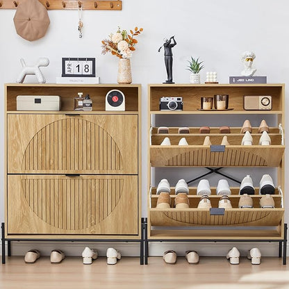 47" Fluted Large Shoe Cabinet with 4 Flip Drawers, Slim Freestanding Shoe Cabinet Organizer, Narrow Shoes Storage Rack for Entryway, 5 Sturdy Legs (All Natural-2 drawers, 9.45"D x 31.5"W x 41.93"H)