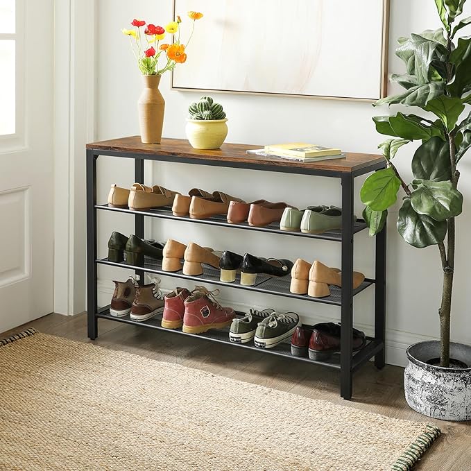 VASAGLE 4 Tier Shoe Rack, Shoe Organizer for Closet, Entryway, 16-20 Pairs of Shoes, Large Shoe Rack Organizer with 3 Metal Mesh Shelves, 11.8 x 39.4 x 28.3 Inches, Rustic Brown and Black ULBS14BX
