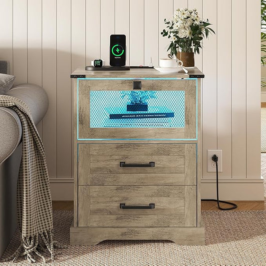 Hasuit Farmhouse Night Stand with LED Lights and Charging Station, Rustic Oak Nightstand with 2 Drawers, and Cubby with Wire Mesh Door, Bedside End Table for Bedroom