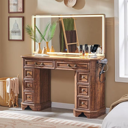 T4TREAM Makeup Vanity Desk with 48" HD Lighted Mirror, Farmhouse Vanity Desk with 8 Drawers, Vanity Table with 3 Color Modes, Dressing Table with Glass Top and Power for Bedroom(Reclaimed Barnwood)
