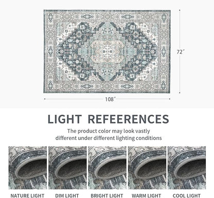 6x9 Vintage Washable Area Rug for Living Room,Low Pile Non Slip Carpet Non-Shedding Area Rug Soft Indoor Stain Resistant Rug Boho Print Mat for Bedroom Dining Room Blue Beige Multi