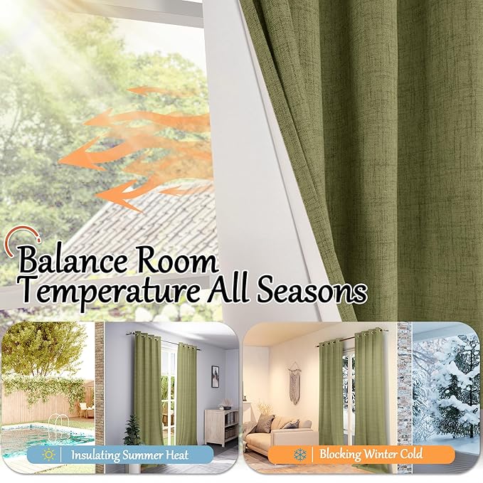 Linen Blackout Curtains 90 Inch Long, Olive Green Extra Long Curtains for Bedroom Living Room Modern Farmhouse, Thermal Light Blocking Faux Linen Energy Save Drapes Each 52x90 Inch 2 Panels