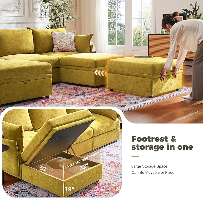 ABCASA 102.6" Luxury Modular Sleeper Sofa Bed 6 Seat Reversible Sectional Couch Deep Seat with Storage Chaises Removable Cover for Living Room, Apartment - Chenille Yellow