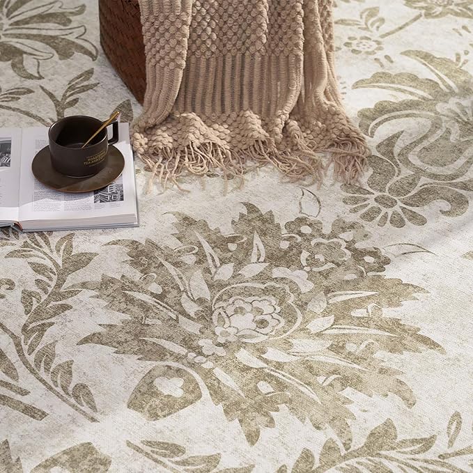 jinchan Torino 3x5 Area Rugs for Entryway, Vintage-Inspired Floral Neutral Design Washable Non-Slip Low-Pile Rug, Ultra-Thin Indoor Traditional Accent Carpet for Entrance Bedroom Hallway, Taupe