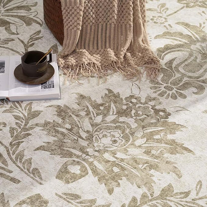jinchan Torino Runner Rugs 2x5 - Vintage-Inspired Floral Neutral Design Machine Washable Non-Slip Ultra-Thin Low-Pile Rubber Backing Runner Rug for Kitchen Hallway Laundry Room Entryway Taupe