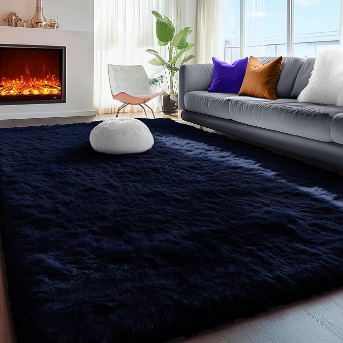 PAGISOFE Dark Navy Blue Rugs for Living Room 5x7 Ft, Plush Area Rugs for Bedroom, Non-Shedding, Indoor Furry Floor Rugs for Nursery Playroom, Shag Carpet for Kids Room Decor Aesthetic, Dark Blue