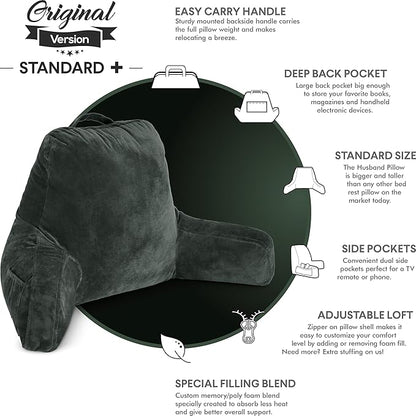 Husband Pillow Dark Green, Original Reading Pillow in Bed Rest Chair, Shredded Memory Foam Large Lounge Cushion Adult Backrest with Arms, Comfy Back Support for Sit Sitting Up, Wash/Removable Cover