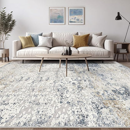 Area Rug Living Room Rugs - 9x12 Abstract Large Soft Indoor Washable Rug Neutral Modern Low Pile Carpet for Bedroom Dining Room Farmhouse Home Office - Beige Blue