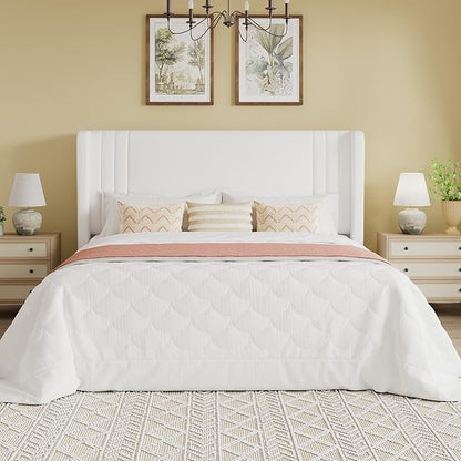 SHA CERLIN Queen Size Velvet Upholstered Platform Bed Frame with Vertical Channel Tufted Wingback Headboard, Wooden Slats Support, Easy Assembly, Under Bed Storage, No Box Spring Required, White