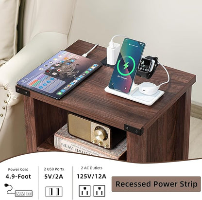 Joaxswe Night Stand, 18 Inch Farmhouse Nightstand with with Charging Station and USB Port, Rustic Couch End Table with Magnetic Door, Wood Bed Side Tables for Bedroom, Home, Brown Walnut