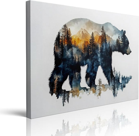 Bear Silhouette Forest Landscape Canvas Wall Art Framed Print Watercolor Painting Nature Wildlife Wall Decor Artwork Poster Sunset Colors Mountain Tree for Living Room Bedroom Office 12x16 Inches