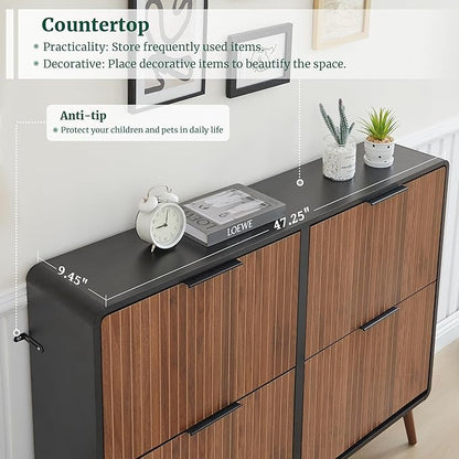 47" Fluted Large Shoe Cabinet with 4 Flip Drawers, Slim Freestanding Shoe Cabinet Organizer, Narrow Shoes Storage Rack for Entryway, 5 Sturdy Legs (Walnut with black, 9.45"D x 47.24"W x 35.83"H)