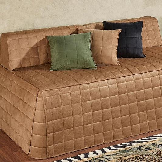 Camden Luxury Bedding | Neutral Camel Color | Fitted Extra Long Hollywood Daybed | Faux Suede Box Quilted Design | 5 Piece Set Includes Extra Long Hollywood Cover, 2 Bolster Shams, & 2 Bolster Pillows