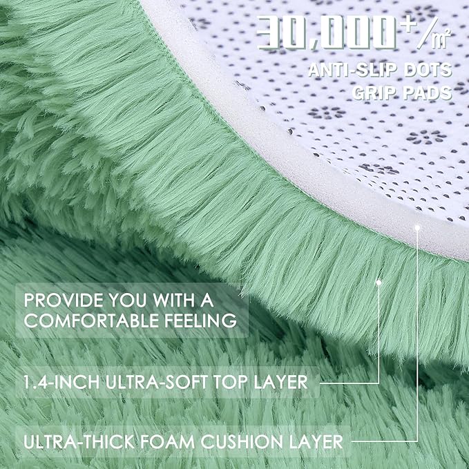 OLANLY Mint Green Round Rugs for Bedroom - Machine Washable, 9 ft Circle Area Rugs for Living Room, Soft and Fluffy Shaggy Carpet for Teen Girls and Boys, Nursery Rooms, Dorms, Home Decor Aesthetic