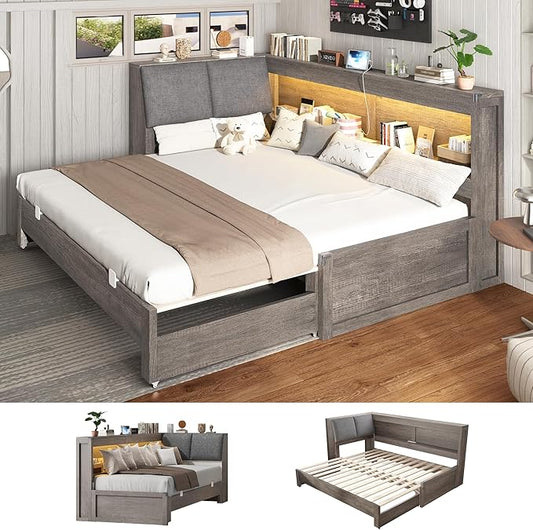 Corner Bed Frame with Trundle and Bookcase Upholstered Headboard, 3-in-1 Twin Size Wood Daybed with Extendable Bed, LED Lights and Charging Station, for Bedroom, Guest Room, Grey