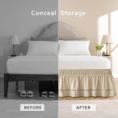 MIYE Wrap Around Ruffled Lace Bed Skirt, Elastic Dust Ruffle with Adjustable Belts, Easy to Put On, Bed Frame Cover, Machine Washable (Ruffled Lace/Beige, Full/Twin-18 Drop)