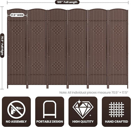 6 Panel Room Divider,6Ft Folding Privacy Screen,Tall - Extra Wide Foldable Panel Partition Wall Divider with Diamond Double-Weaved Hand-Woven Design Room Screen Divider