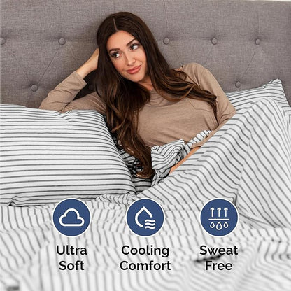 Twin 4 Piece Sheet Set - Cooling, Comfy & Breathable - Hotel Luxury Bedding, Includes Fitted Sheet for Women, Men, Kids & Teens - 1 Flat, 1 Fitted Sheet, 2 Pillowcases w/Deep Pockets - Grey Stripes