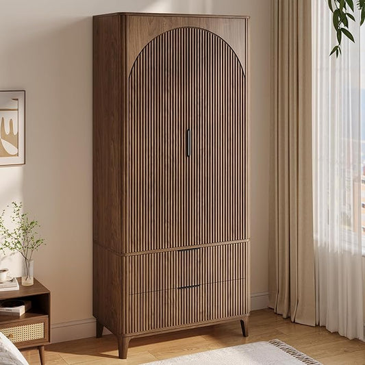 70.1" Arched Wooden Armoire Wardrobe Closet with 2 Doors and 2 Drawers, Fluted Bedroom Armoire with Hanging Rod Shelf, Clothing Storage Cabinet, Wardrobe Armoire Closet Cabinet for Bedroom