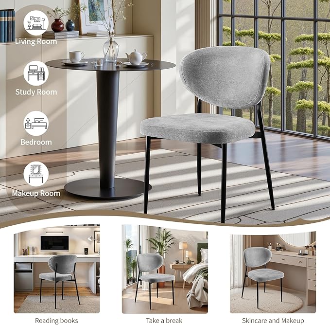 Dining Chairs Set of 2 Chenille Upholstered Dining Room Chairs with Crescent-Shaped Backrest Modern Ergonomic Accent Kitchen Chairs with Swivel Leveling Feet for Bedroom/Vanity Grey