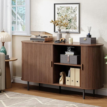 Buffet Cabinet with Storage, 55" Fluted Sideboard Buffet with Sliding Door, Coffee Bar Cabinet with Adjustable Shelf, Console Table, Accent Table for Entryway, Kitchen, Dining Room, Walnut