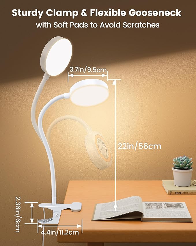 Glocusent 72 LED Clip on Lamp with Remote, Reading Light with Amber Ring, 3 Colors & 5 Dimmable Bed Lamp, 30/60-Min Auto Off Timer, Clamp Light for Headboard/Dorm/Bunk (White)