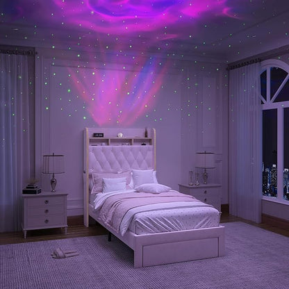 Twin LED Bed Frame with Storage Drawer, Velvet Upholstered Platform Beds with Galaxy Star Projector and Speaker, Aurora Bedframe with 2-Tier Storage Headboard for Small Bedroom Apartment, Pink