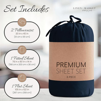 Linen Market Brushed Microfiber King Sheet Set 4 Piece – Oeko-TEX Certified Ultra Soft & Wrinkle-Free - 16" Deep Pocket Sheets - Easy Care King Size - Navy