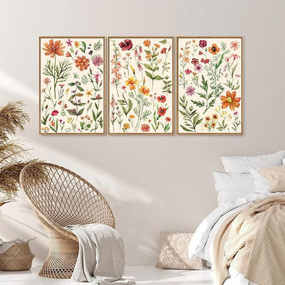 YeeHomedec Boho Wildflower Framed Canvas Wall Art, Colorful Vintage Floral Wall Decor, Watercolor Modern Flower Art Paintings, Neutral Botanical Picture Artwork for Girl Bedroom Living Room 16"x24"x3