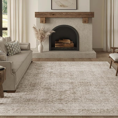FMFUNCTEX 10x12 Washable Area Rug Beige Vintage Neutral Distressed Large Non Slip Carpet for Living Room Bedroom Soft Low Pile Indoor Mat Retro Floral Throw Rug for Dining Room Kitchen Office Nursery