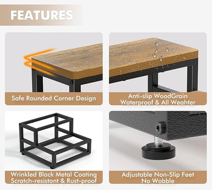 Two Step Stool for Adults Kids, Bed Step Foot Stool with Adjustable Non-Slip Feet, Portable Sturdy Metal Frame Stepping for Kitchen Bathroom Bedroom Living Room, Indoor or Outdoor Use, Rustic Brown