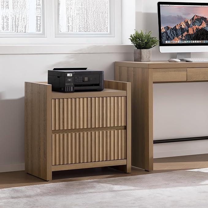 SICOTAS Night Stand Fluted Nightstands with Charging Station- Modern 2 Drawers Nightstand 25" Tall Bedside Table End Table, Large Night Stands for Bedroom, Living Room Sofa Side (Caramel Oak, 1 Piece)