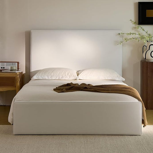 Queen Size Upholstered Bed Frame, 52" High Headboard Wingback Bedframe, Lucas Tall Headboard Floor Platform Beds, No Box Spring Needed No Noise/Minimalist/Coconut Micro Suede, White