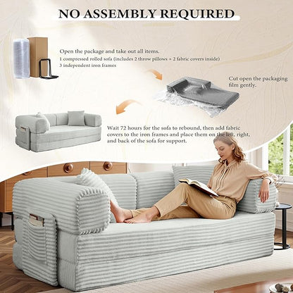 Boneless Couch Folding Couches for Living Room Sofa, Futon Sofa Bed with Sleeper Sofa, Futon Couch with Fixed-Shape Oversized Corduroy Upholstered (Light Grey, 81 Inches)