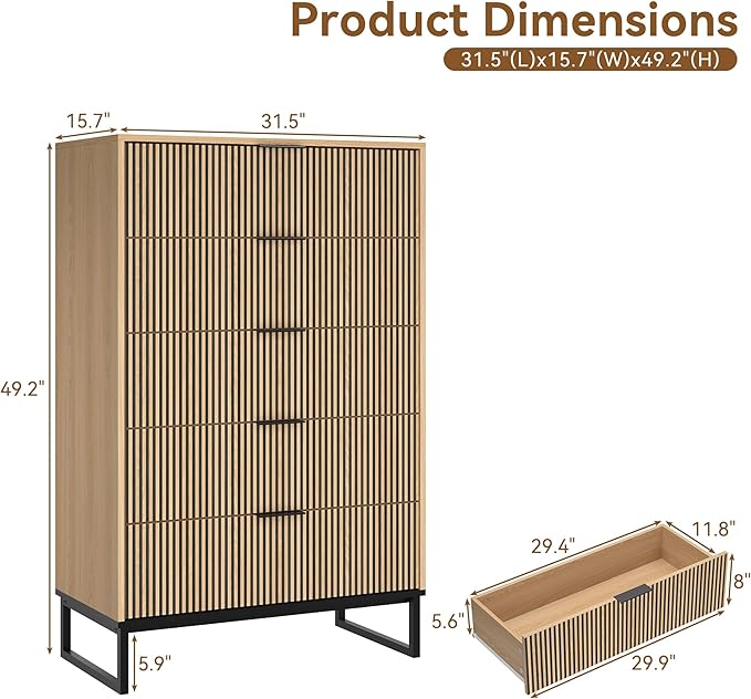 5 Drawers Dresser Set of 2, 49.2’’ Tall Modern Chest of Drawers for Bedroom, Large Closet Dressers with Drawers, Wooden Drawer Dresser for Bedroom, Living Room, Hallway