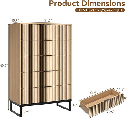 5 Drawers Dresser Set of 2, 49.2’’ Tall Modern Chest of Drawers for Bedroom, Large Closet Dressers with Drawers, Wooden Drawer Dresser for Bedroom, Living Room, Hallway