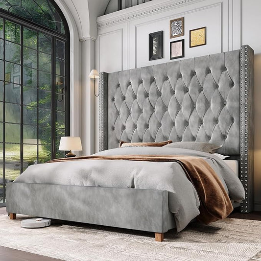 Jocisland Queen Size Bed Frame with 61.4" Tall Headboard, Velvet Upholstered Wingback Platform Design, Handcrafted Pleats& Deep Button Tufted, Solid Wood Legs, No Box Spring Needed, Gray