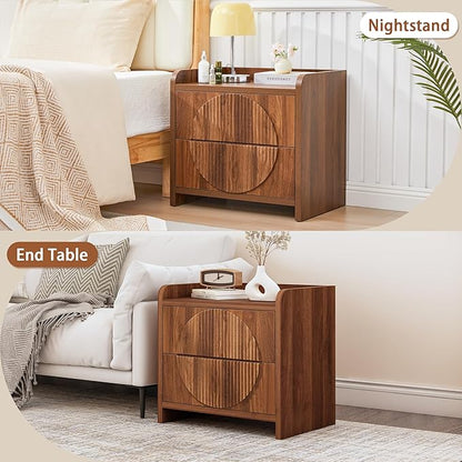 Turtle&Myrtle 24 Inch Wide Fluted Nightstands, Large Night Stand with 2 Drawers, Mid Century Modern Bedside Table End Table with Storage for Bedroom Living Room Office (Walnut)