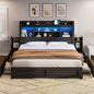 AMERLIFE King Size Bed Frame with 4 Storage Drawers, LED Bed Frame with 49.6" Tall Bookcase Headboard, Wood Platform Bed with Charging Station & 2 Slide Bedside Shelf, No Box Spring Needed/Black