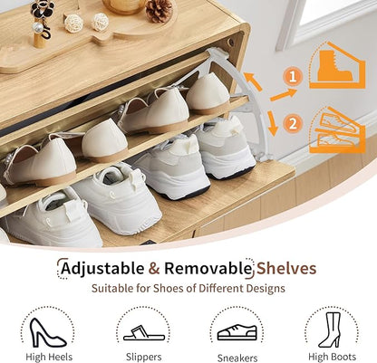 Turtle&Myrtle Modern Shoe Storage Cabinet for Entryway, Narrow Shoe Organizer Cabinet, 2-Tier Flip Down Drawers, Small Freestanding Hidden Wood Slim Shoe Rack,Round Fluted Pattern (Natural)