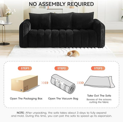 83'' Boneless Corduroy Sofa, Oversized 3 Seater Deep Seat Couch with Rounded Armrest, Modern Upholstered Cloud Sofa for Living Room, No Assembly, Black