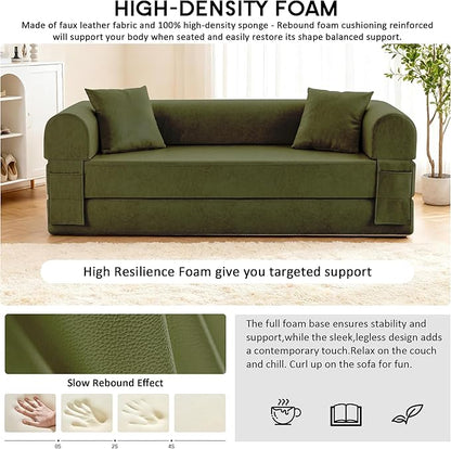 78.5" Convertible Sleeper Sofa Bed, Faux Leather Deep Seat Folding Floor Sofa with Pullout Bed & 2 Pillows, No Assembly Modern Boneless Couch Compression Sofa in Box for Living Room, Office, Green