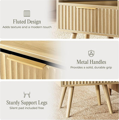 Huuger Nightstand with Charging Station, USB-C Port, Fluted Night Stand Set of 2, Bed Side Table with Drawer, Solid Wood Feet, Open Storage, End Table with Raised Edge, for Bedroom, Natural