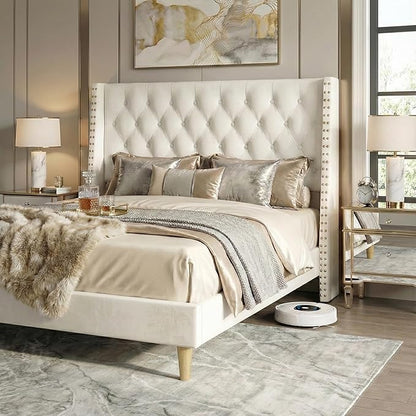 Queen Bed Frame White Velvet, 47.2" Tall Wingback Headboard with Gold Nailhead Trim, Upholstered Platform Bed with Diamond Tufting, 1000lbs Heavy Duty Support, No Box Spring Needed