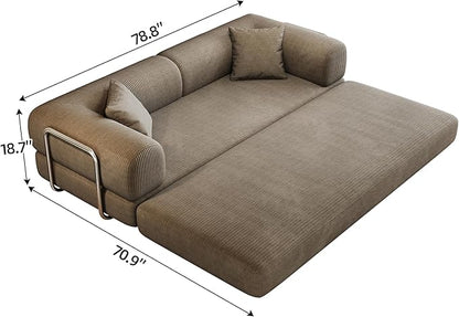 79" Convertible Sofa Bed with Fixed-Shape Frame, Corduroy Folding Pull Out Couch, No Assembly Modern Boneless Couch Compression Sofa in Box, Floor Sofa for Living Room,Camel