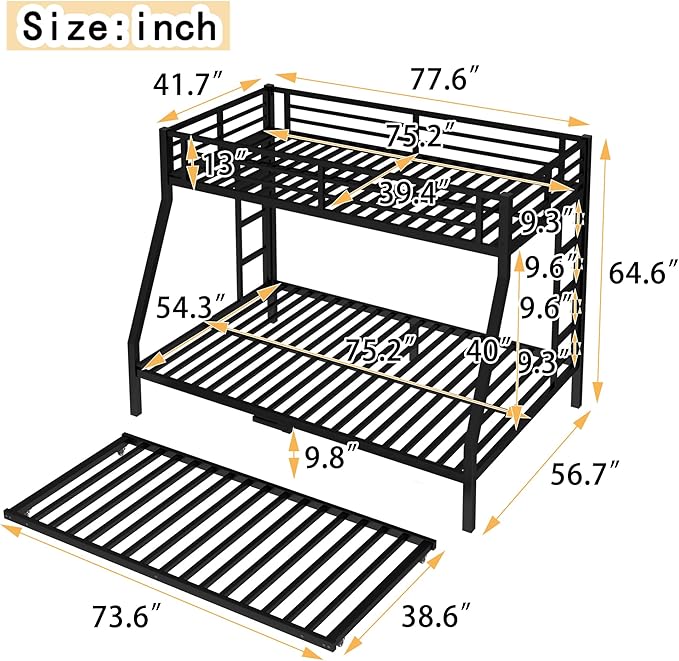 Upgraded Version Thicken Stronger Metal Heavy-Duty Twin Over Full Bunk Bed with Twin Size Trundle, Bunk Bed for Adults with Ladders, Easy Assemble (Twin/Full)